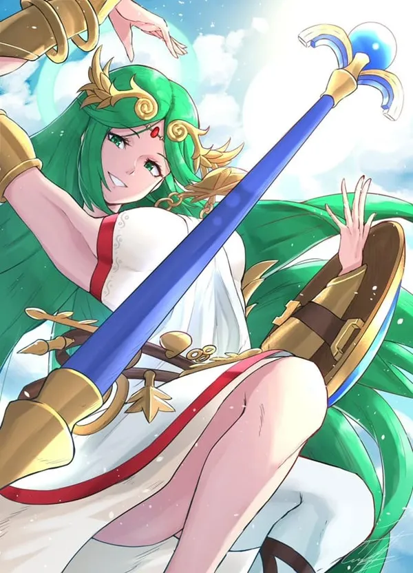 Ảnh palutena dễ thương cô gái với mái tóc xanh và áo choàng màu lá cây cầm một thanh kiếm trên bầu trời