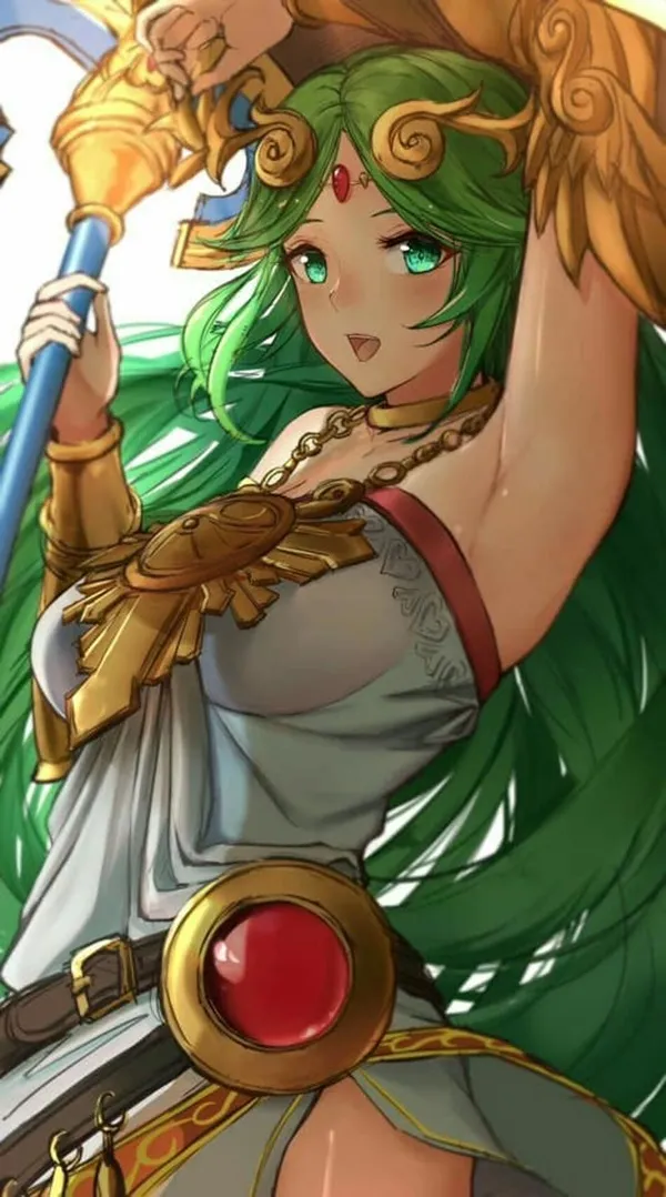 Ảnh palutena hentai chụp màn hình của một người phụ nữ có mái tóc xanh cầm kiếm và lá chắn