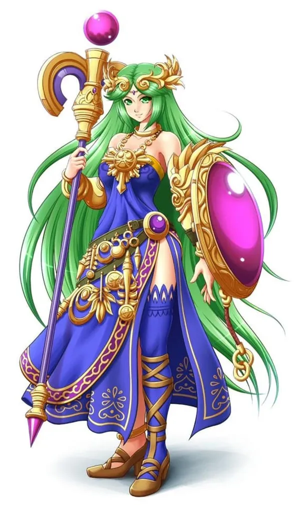 Ảnh palutena hentai hình hoạt của một người phụ nữ với mái tóc dài màu xanh lá cây cầm kiếm và khiên