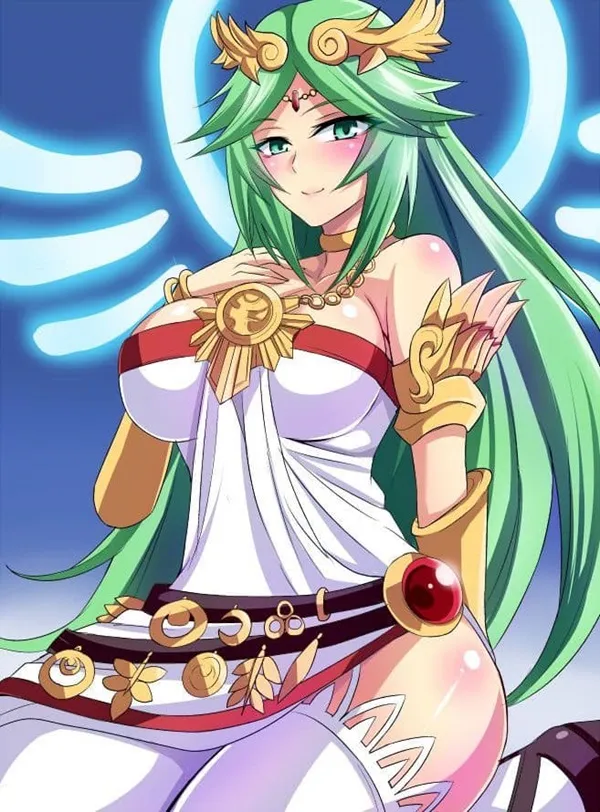 Ảnh palutena hentai hình một người phụ nữ có mái tóc xanh trong chiếc váy trắng