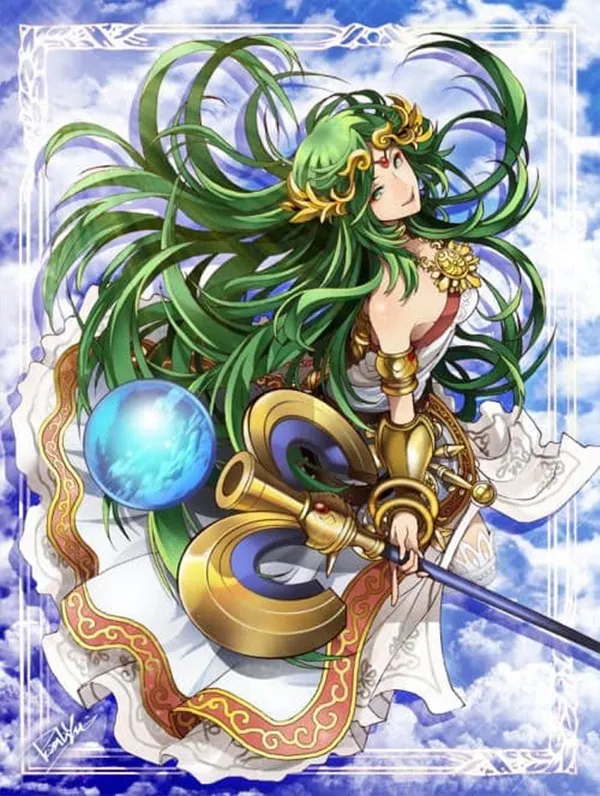 Ảnh palutena hentai một người phụ nữ có mái tóc dài màu xanh lá cây cầm kiếm trong tay