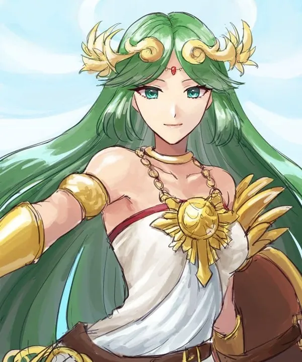 Ảnh palutena hentai đây là bản vẽ của một người phụ nữ có mái tóc xanh và đồ trang sức vàng