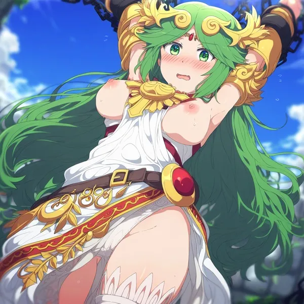 Ảnh palutena hentai hình một người phụ nữ có mái tóc dài màu xanh lá cây mặc váy trắng