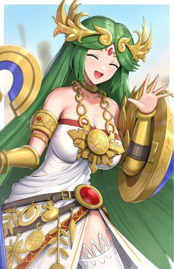 Ảnh palutena hentai hình một người phụ nữ có mái tóc màu xanh lá cây đang giữ khiên và