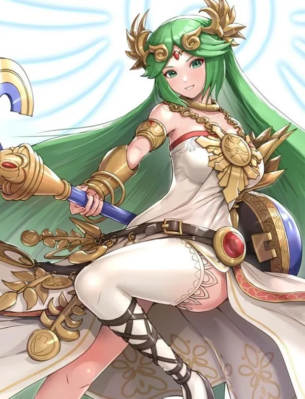 Ảnh palutena hentai nhân vật nữ giới với mái tóc màu xanh lá cây cầm một thanh kiếm và chắn