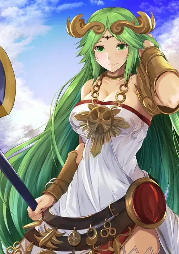 Ảnh palutena hình một người phụ nữ có mái tóc dài màu xanh lá cây cầm kiếm