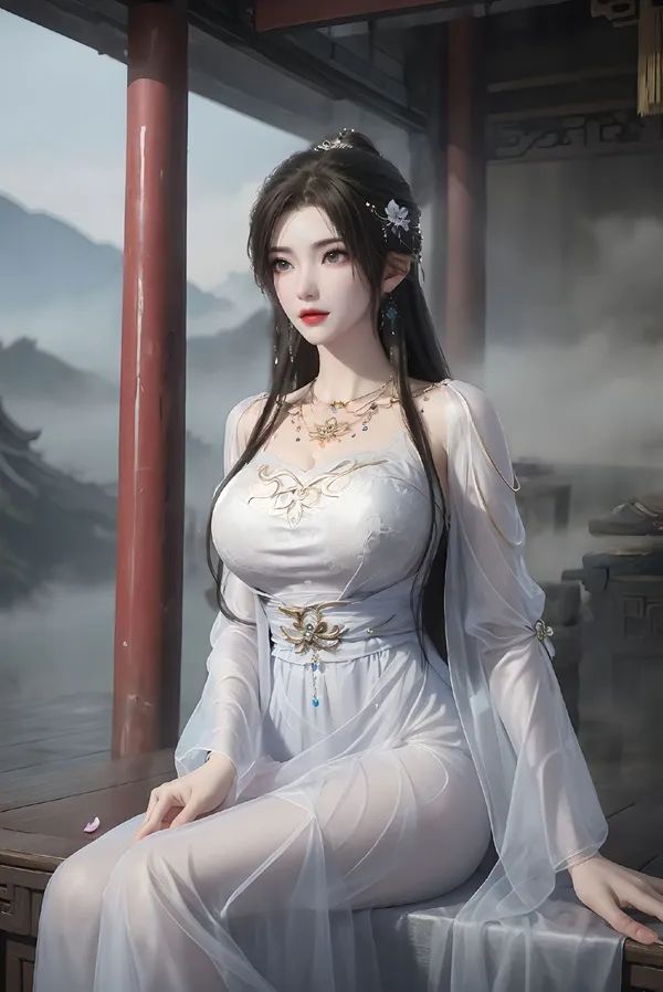Ảnh qing yi thanh vũ bụ người phụ nữ châu mặc váy trắng ngồi trên ghế gỗ gần nước