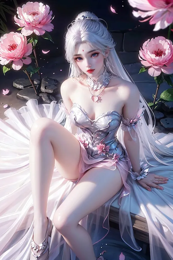 Ảnh qing yi sexy có một người phụ nữ đang ngồi trên chiếc ghế dài hoa phía sau