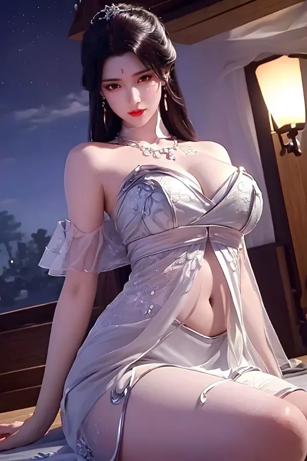 Hình ảnh qing yi-thanh có một người phụ nữ ngồi trên giường mặc váy