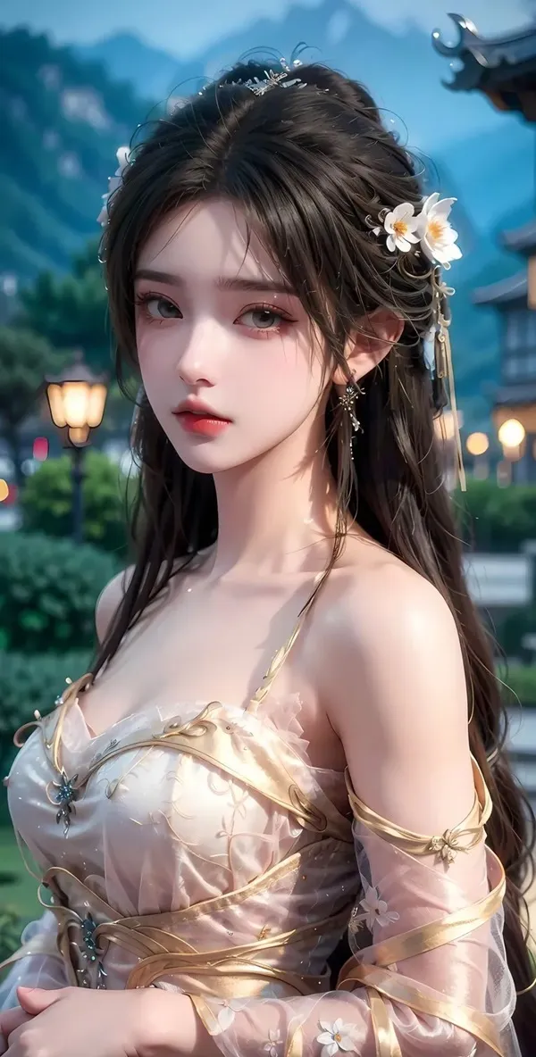 Hình ảnh qing yi-thanh một người phụ nữ có mái tóc dài mặc váy và bông hoa trên