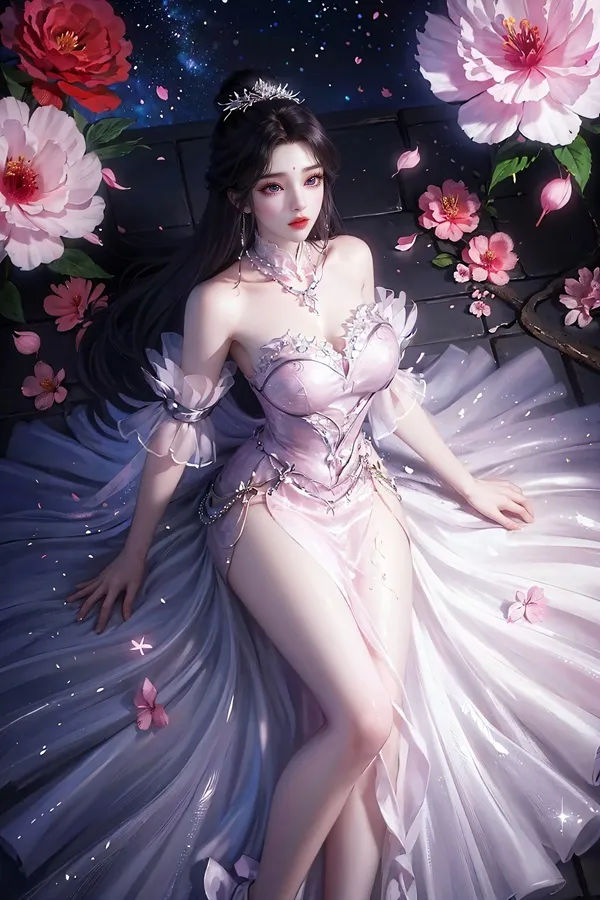 Ảnh qing yi thanh vũ bụ hình minh họa của một người phụ nữ mặc váy màu hồng nằm trên giường hoa