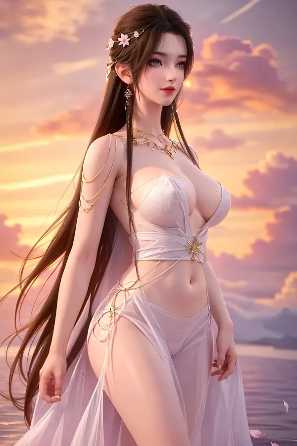 Ảnh qing yi thanh vũ bụ cô gái mặc váy trắng đứng trong nước với mái tóc dài bồng bềnh