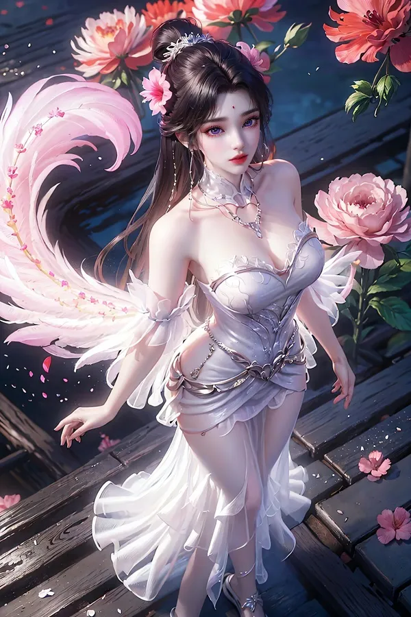 Ảnh qing yi thanh vũ bụ có một người phụ nữ đang đứng trên bến tàu với hoa trong nền