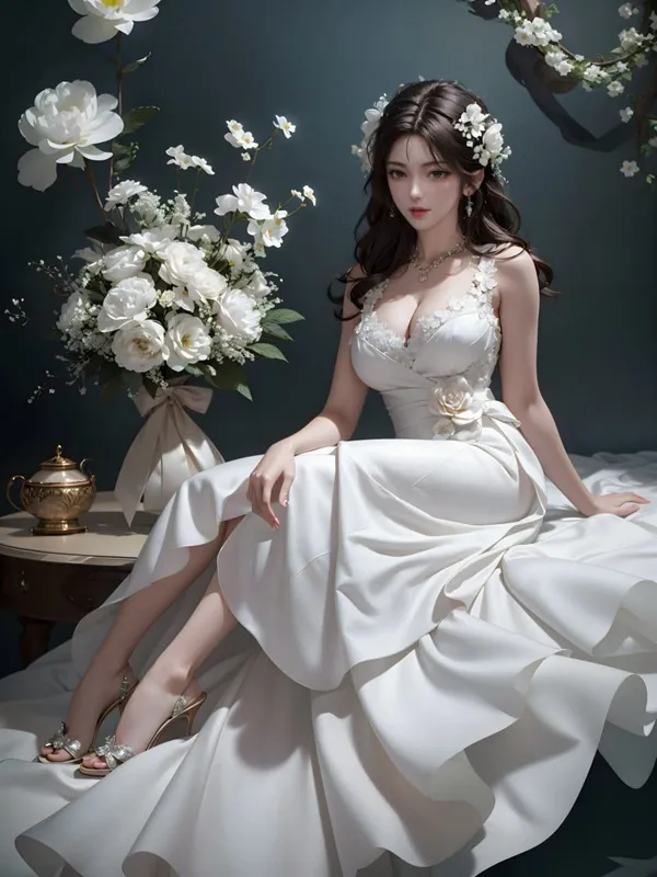 Ảnh qing yi thanh vũ bụ có một người phụ nữ đang ngồi trong chiếc váy trắng
