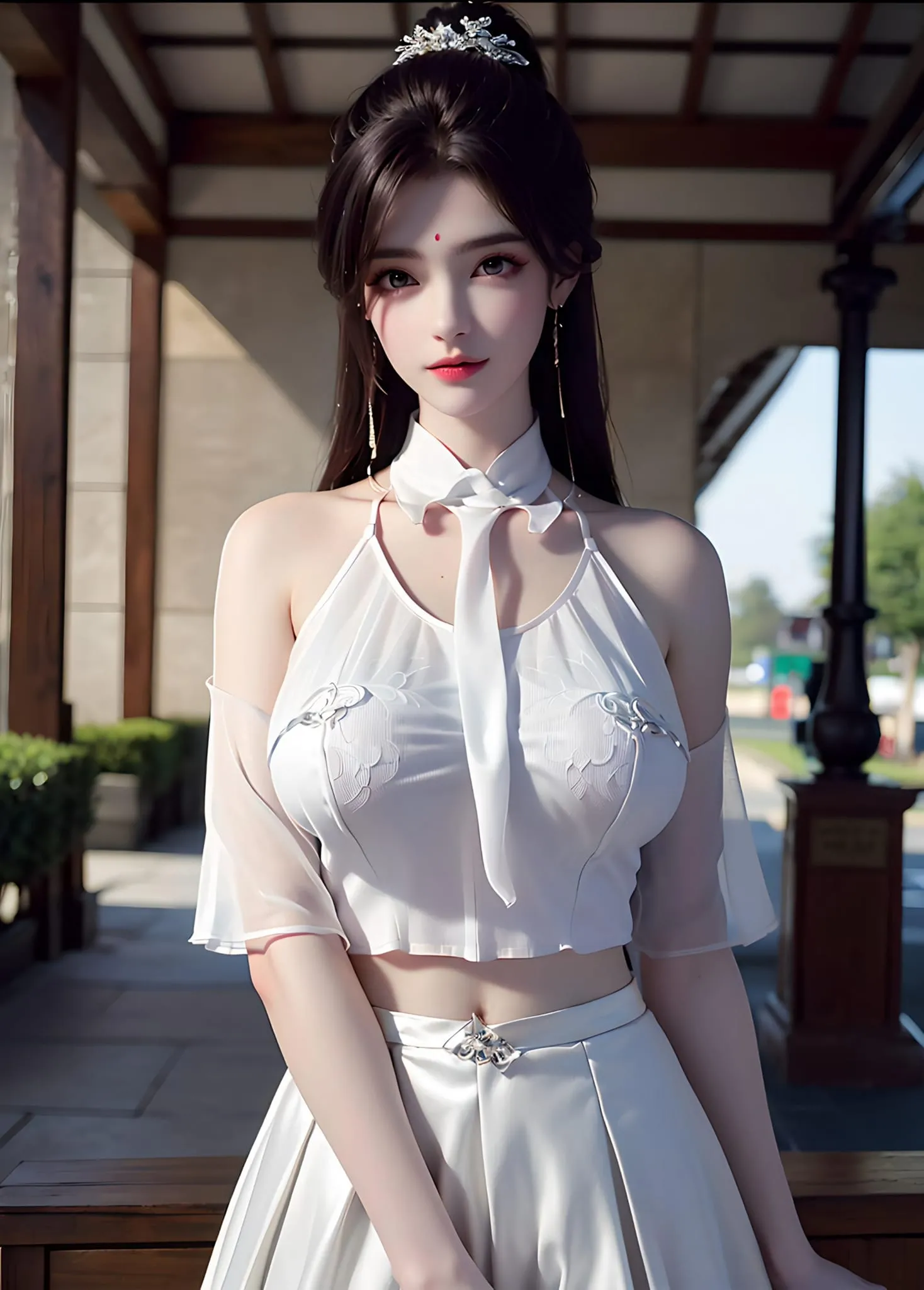 Ảnh qing yi thanh vũ bụ có một người phụ nữ mặc chiếc váy trắng tạo dáng cho bức tranh
