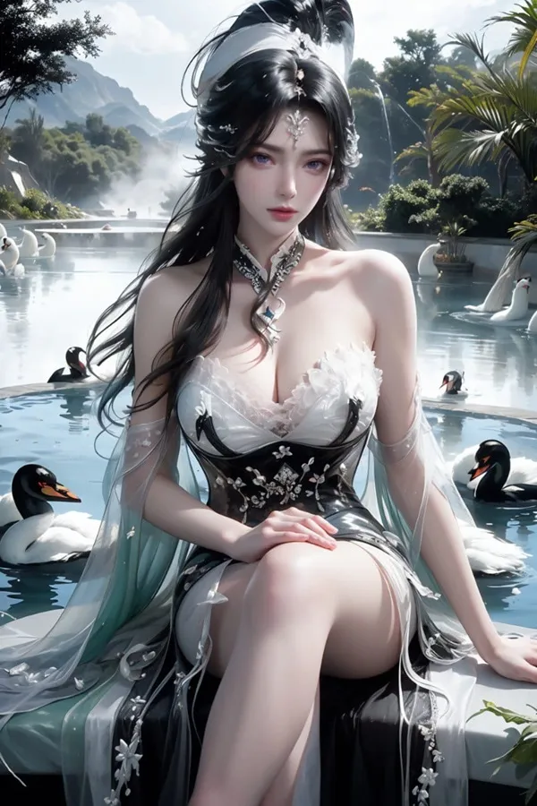 Ảnh qing yi thanh vũ bụ có một người phụ nữ trong corset ngồi trên gờ cạnh thiên nga