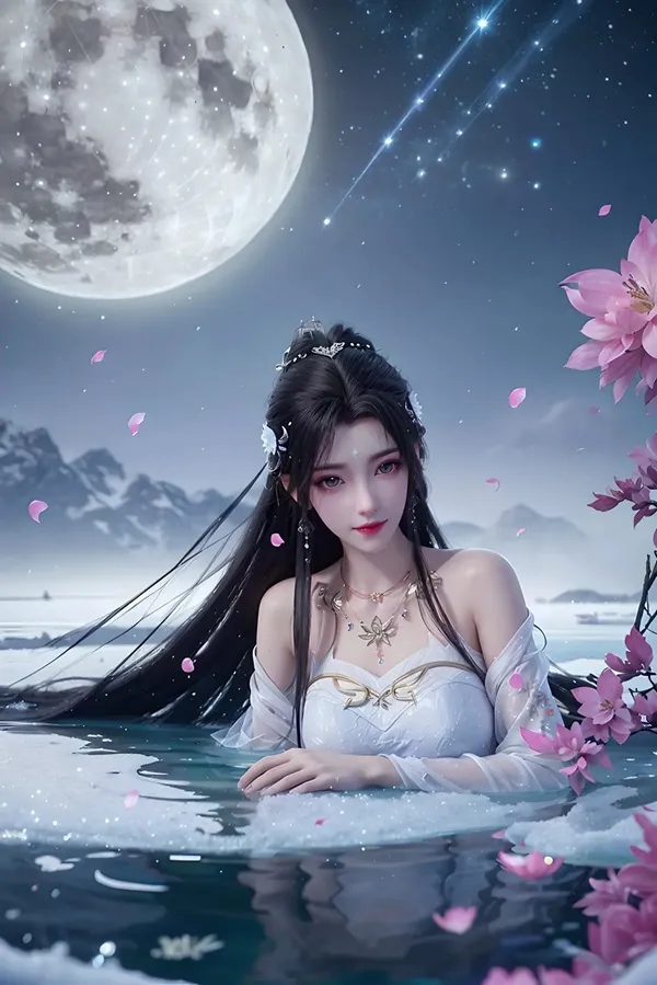 Ảnh qing yi thanh vũ bụ đây là một người phụ nữ ngồi trong nước với trăng tròn