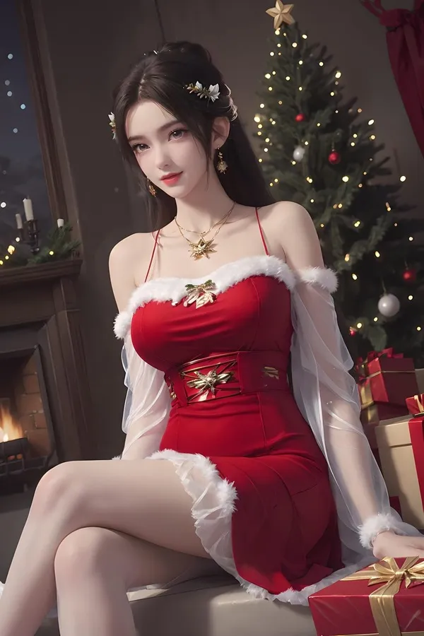 Ảnh qing yi thanh vũ bụ lady mặc một chiếc váy đỏ ngồi cạnh cây thông noel với những món quà