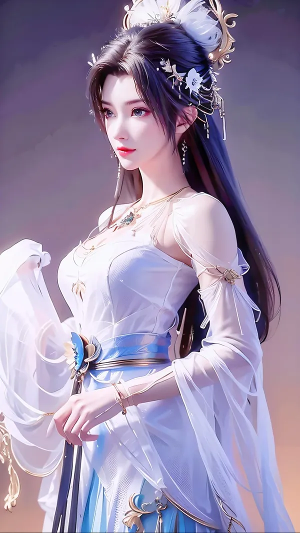 Ảnh qing yi thanh vũ bụ người phụ nữ châu xinh đẹp mặc váy trắng và xanh cầm một hâm mộ