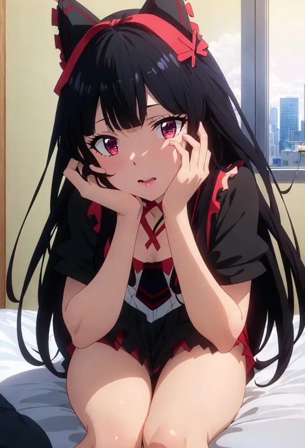Ảnh rory mercury hentai có một người phụ nữ ngồi trên giường với hai tay mặt
