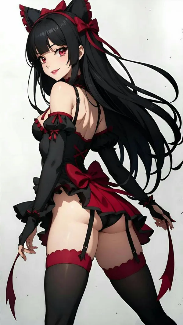 Rory mercury anime có một người phụ nữ mái tóc đen dài mặc trang phục màu đỏ và