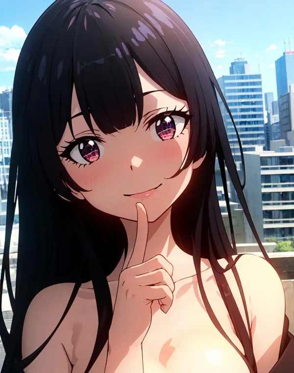 Rory mercury anime có một người phụ nữ mái tóc đen dài tạo dáng trước thành phố