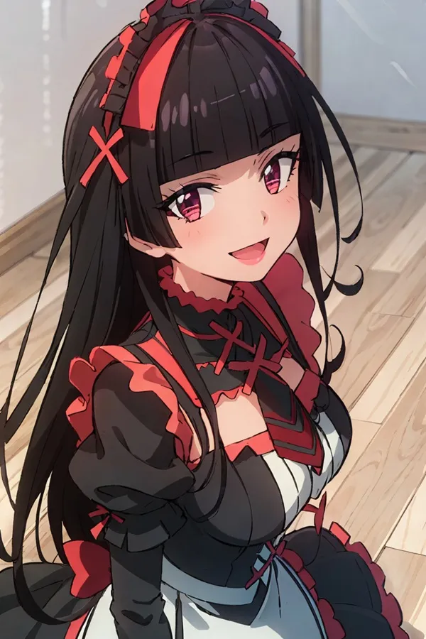 Rory mercury axe có một cô gái với mái tóc đen dài mặc chiếc váy màu đỏ và