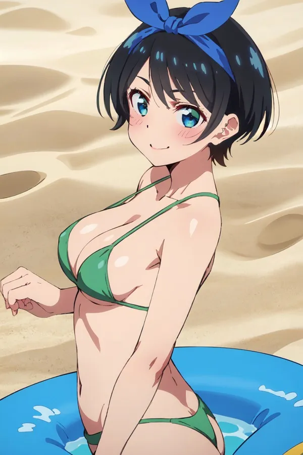 Ảnh sarashina ruka hentai có một hình hoạt của người phụ nữ mặc bikini trên bãi biển