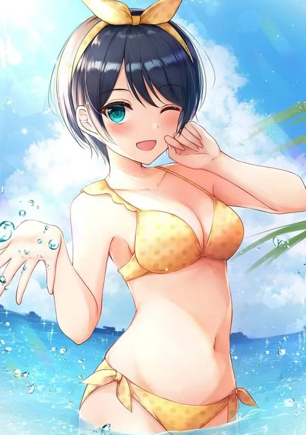 Hình ảnh shirahoshi có một người phụ nữ mặc bikini đứng trong nước