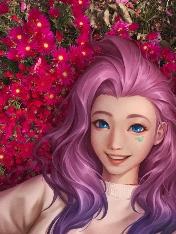 Ảnh seraphine hentai có một người phụ nữ mái tóc màu tím nằm trên giường hoa