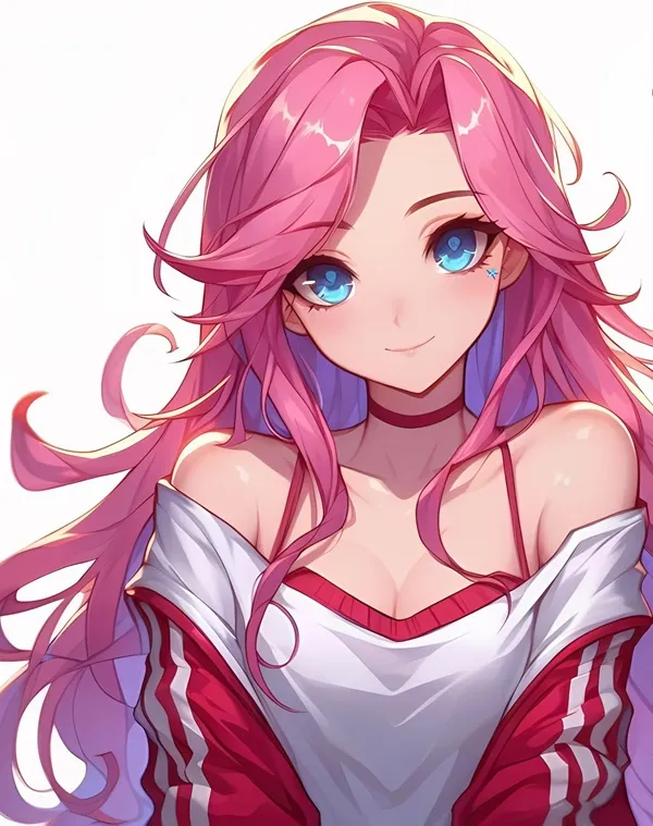 Ảnh hentai seraphine lol một cô gái anime với mái tóc hồng và đôi mắt xanh đeo áo trắng