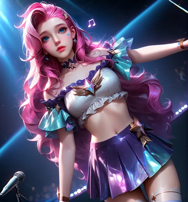 Ảnh seraphine cute có một người phụ nữ mái tóc màu hồng mặc trang phục tím và xanh
