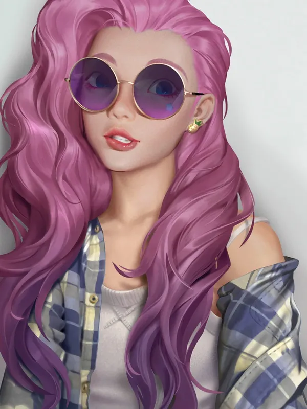 Ảnh seraphine hentai có một bức tranh kỹ thuật số của người phụ nữ với mái tóc màu hồng và kính râm