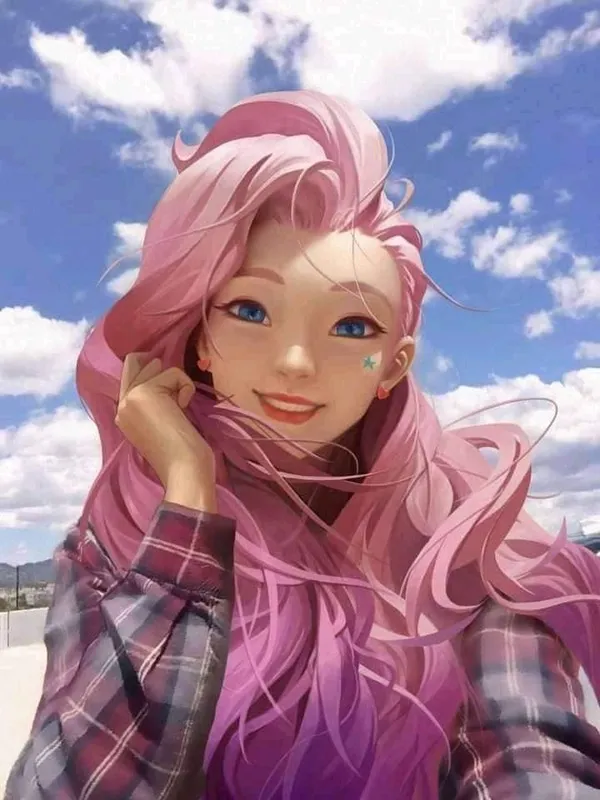 Ảnh seraphine hentai có một người phụ nữ mái tóc màu hồng và áo sơ mi kẻ sọc