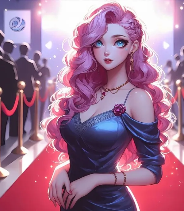 Ảnh seraphine hentai một cô gái anime với mái tóc màu hồng và chiếc váy xanh đứng trên thảm đỏ
