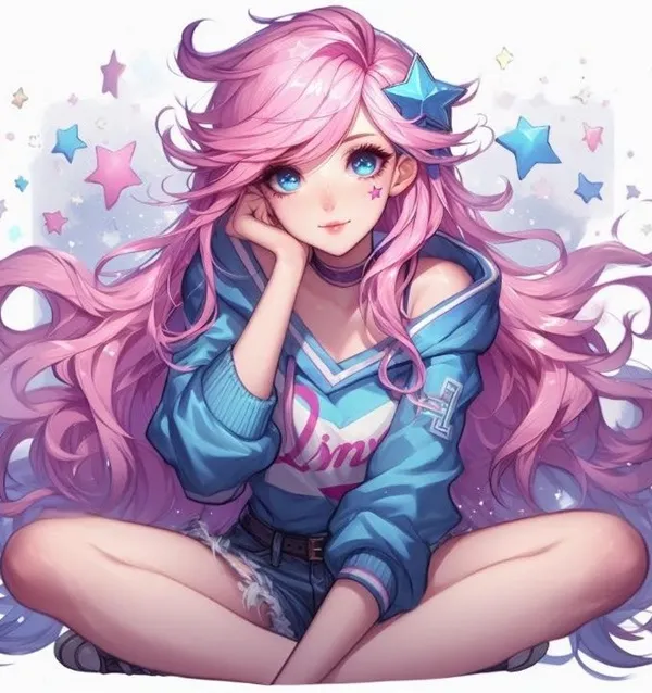 Ảnh seraphine hentai một cô gái có mái tóc hồng và đôi mắt xanh ngồi trên mặt đất