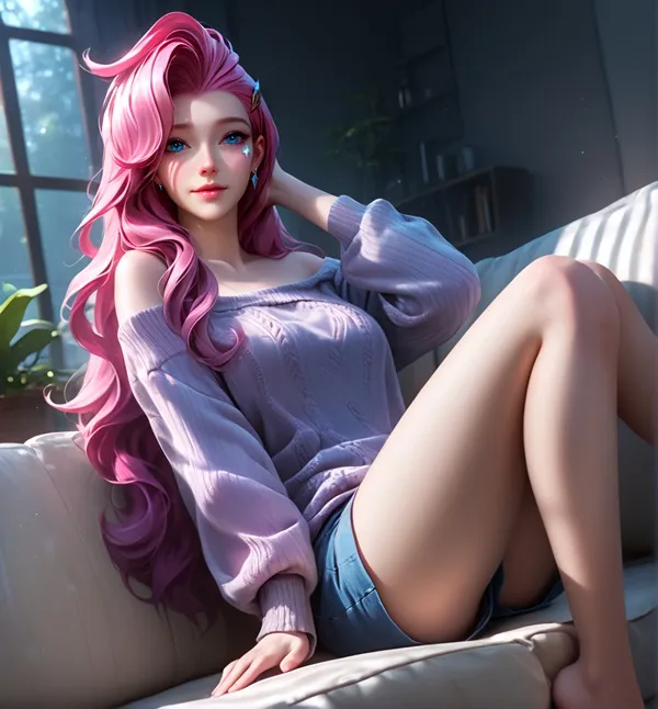 Ảnh seraphine hentai có một người phụ nữ đang ngồi trên chiếc ghế dài với mái tóc hồng
