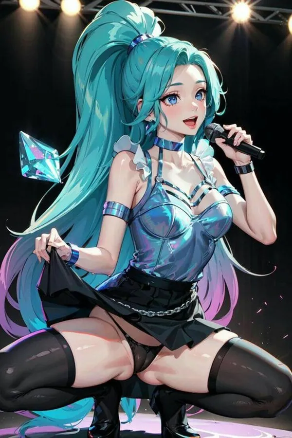 Ảnh seraphine hentai một cô gái anime với mái tóc xanh và vớ đen cầm micro