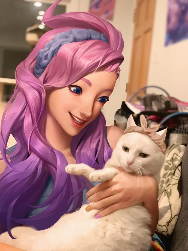 Ảnh seraphine sexy công chúa disney với mái tóc màu tím ôm một con mèo trắng trên tay