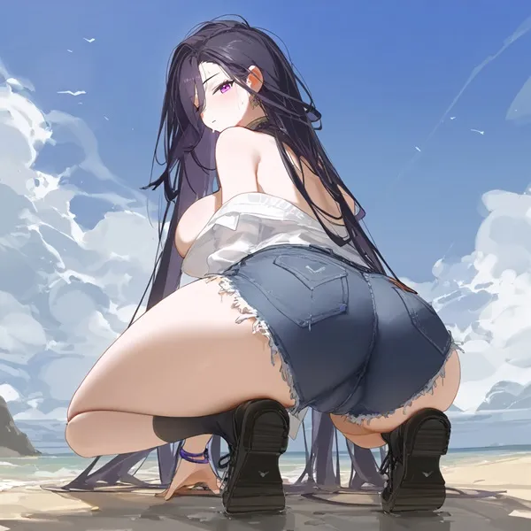Ảnh clorinde hentai cô gái anime gợi cảm ngồi trên bãi biển với đôi chân trong không khí