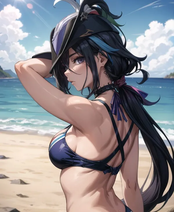 Ảnh clorinde hentai có một người phụ nữ mặc bikini và mũ trên bãi biển