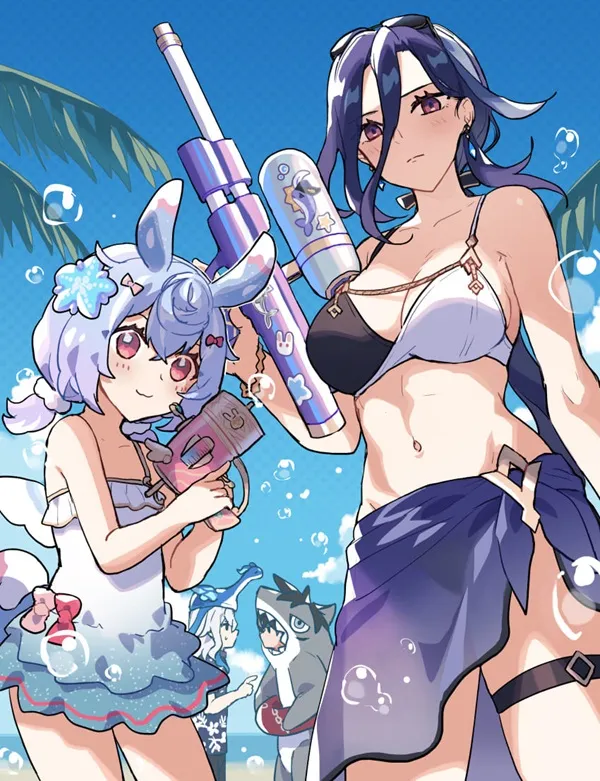 Ảnh clorinde hentai hình của hai cô gái anime mặc bikini với một khẩu súng
