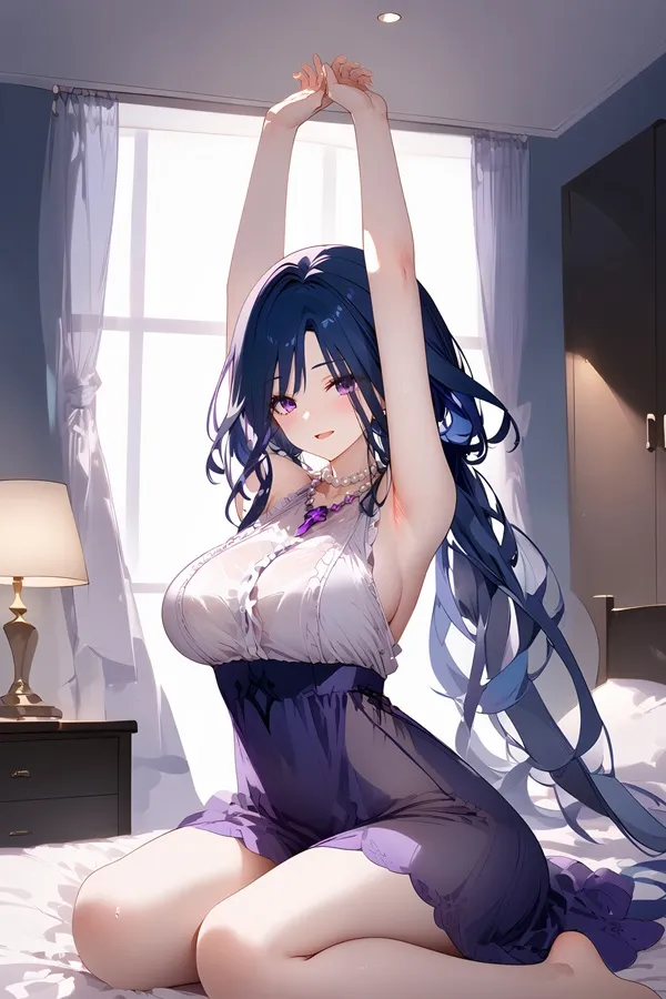 Ảnh clorinde hentai hình kiểu anime của một người phụ nữ ngồi trên giường với hai tay giơ lên không trung