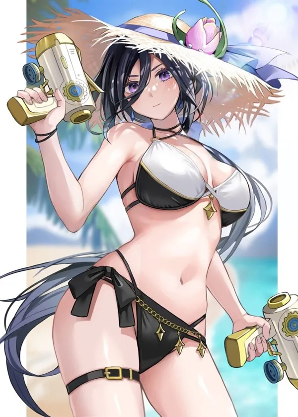 Ảnh sex clorinde cô gái anime gợi cảm trong bộ bikini cầm máy trên bãi biển