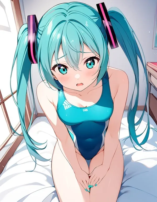 Ảnh hatsune miku cosplay có một cô gái anime với mái tóc xanh đang ngồi trên giường