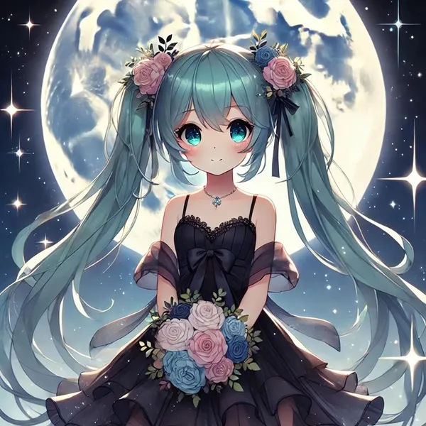 Ảnh hatsune miku hiếm một cô gái anime với mái tóc dài màu xanh và hoa trên