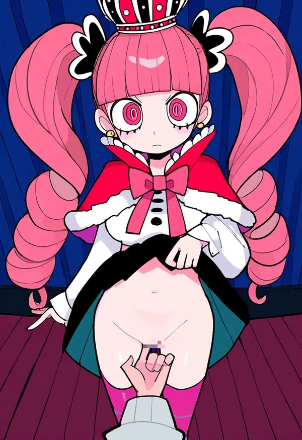 Ảnh sex anime one piece cô gái tóc hồng với vương miện trên đầu đứng sân khấu đôi tay không
