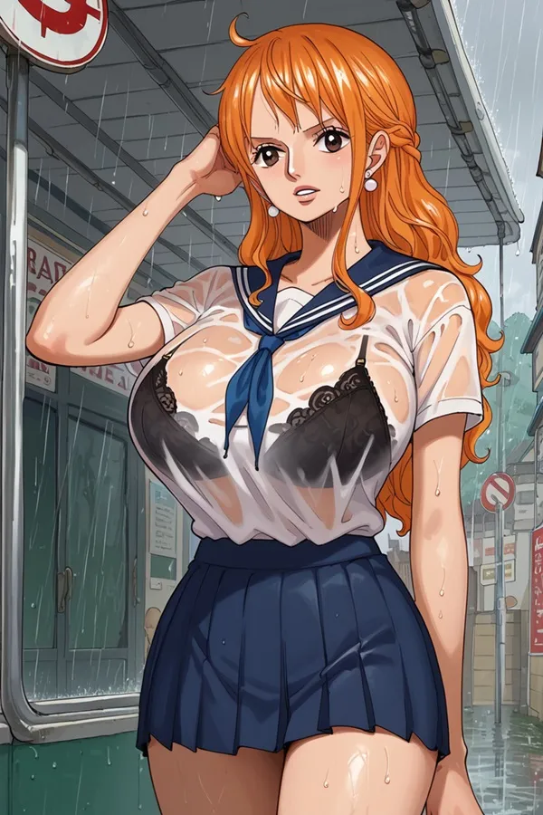 Ảnh sex hentai one piece có một người phụ nữ đang đứng trong mưa mặc đồng phục