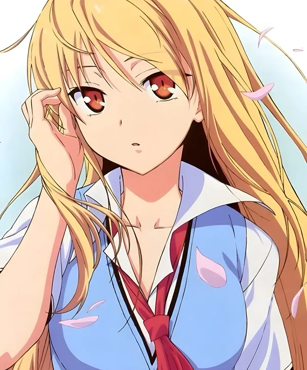 Ảnh cosplay shiina mahiru cô gái anime với mái tóc vàng dài mặc áo sơ mi màu xanh và cà vạt đỏ