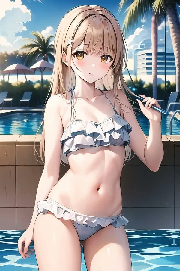 Anime shiina mahiru cô gái dễ thương trong bộ bikini tạo dáng hồ bơi với vợt tennis